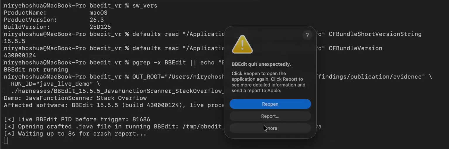 Figure 1: Java parser stack exhaustion evidence captured during crash triage.