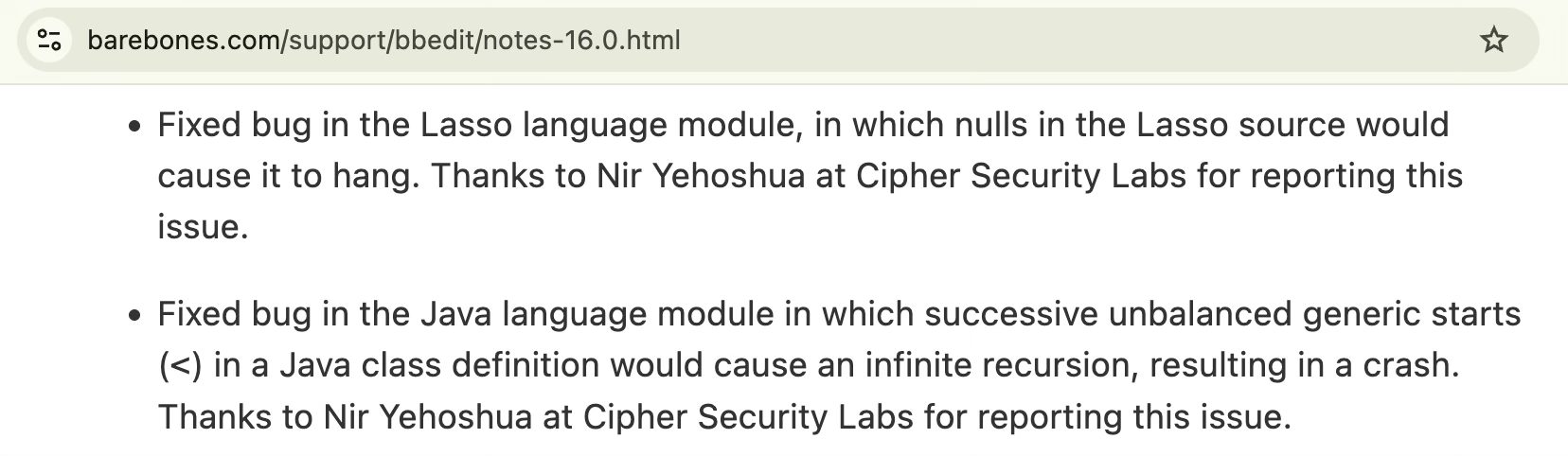 Figure 4: BBEdit 16.0 release notes confirming fixes for the reported Java and Lasso issues.