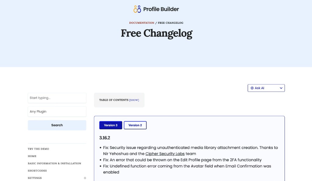 Profile Builder changelog crediting Nir Yehoshua and Cipher Security Labs for the unauthenticated media library attachment creation fix